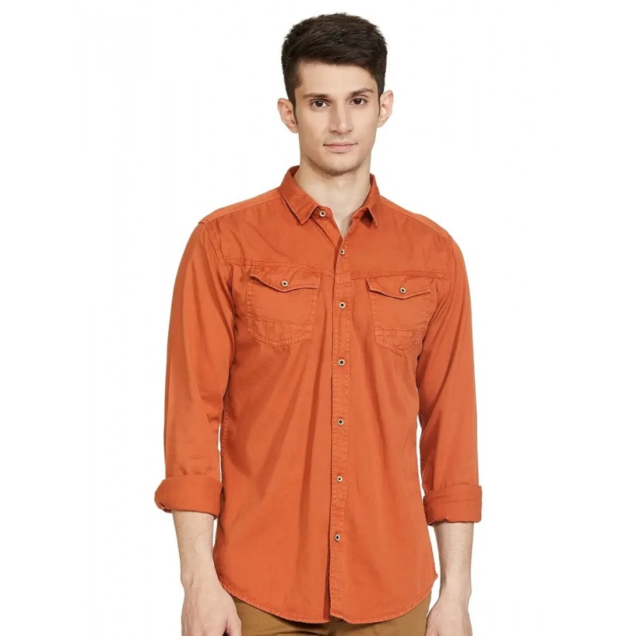 Reliable Orange Cotton Long Sleeves Casual Shirt For Men