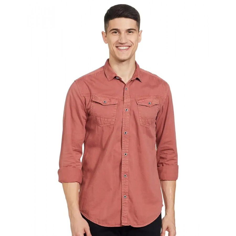 Reliable Peach Cotton Long Sleeves Casual Shirt For Men