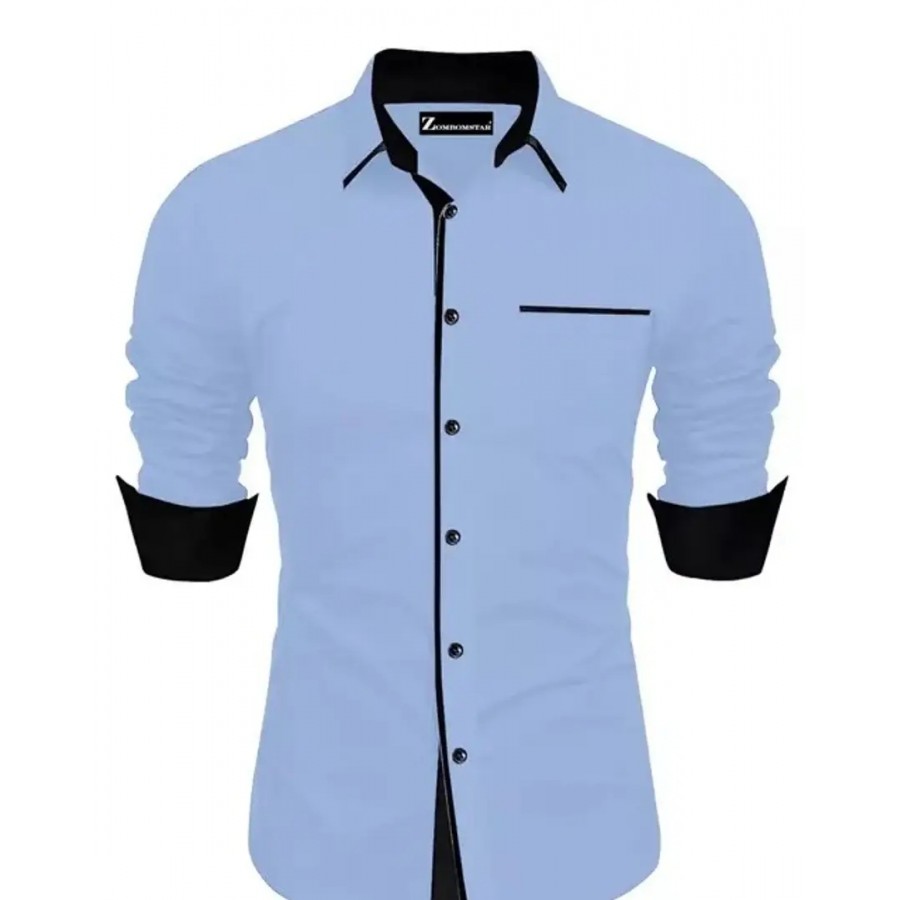 Reliable Sky Blue Cotton Blend Solid Long Sleeves Casual Shirts For Men