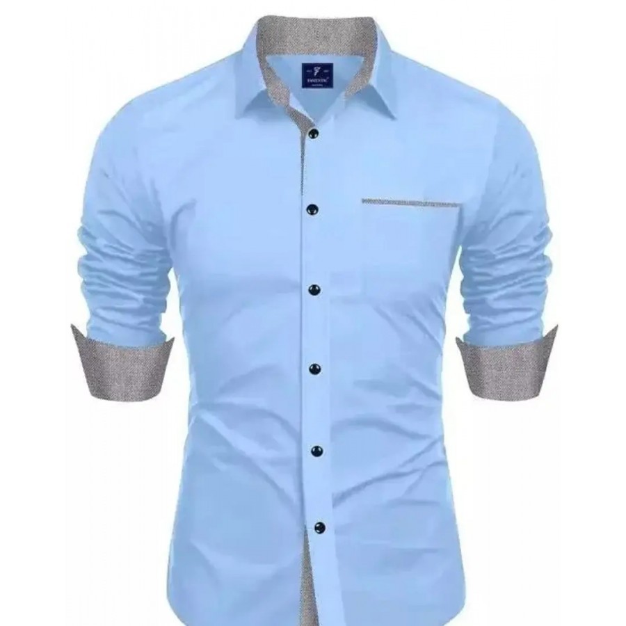 Reliable Sky Blue Cotton Blend Solid Long Sleeves Casual Shirts For Men