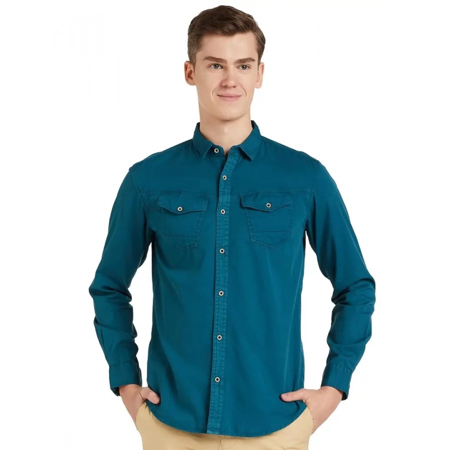 Reliable Teal Cotton Long Sleeves Casual Shirt For Men