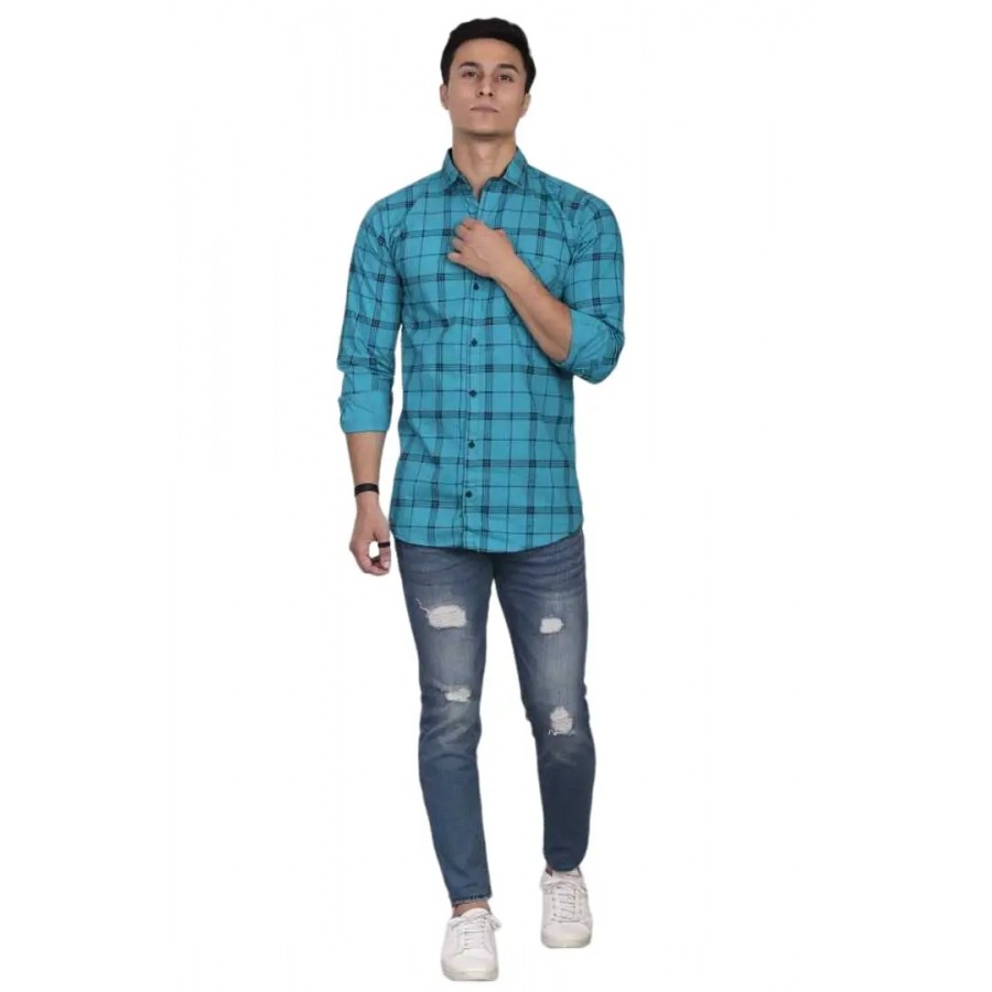 Silver Buck Men's Checkered Poly Cotton Fullsleeve Classic Collar Casual Shirt (Blue)