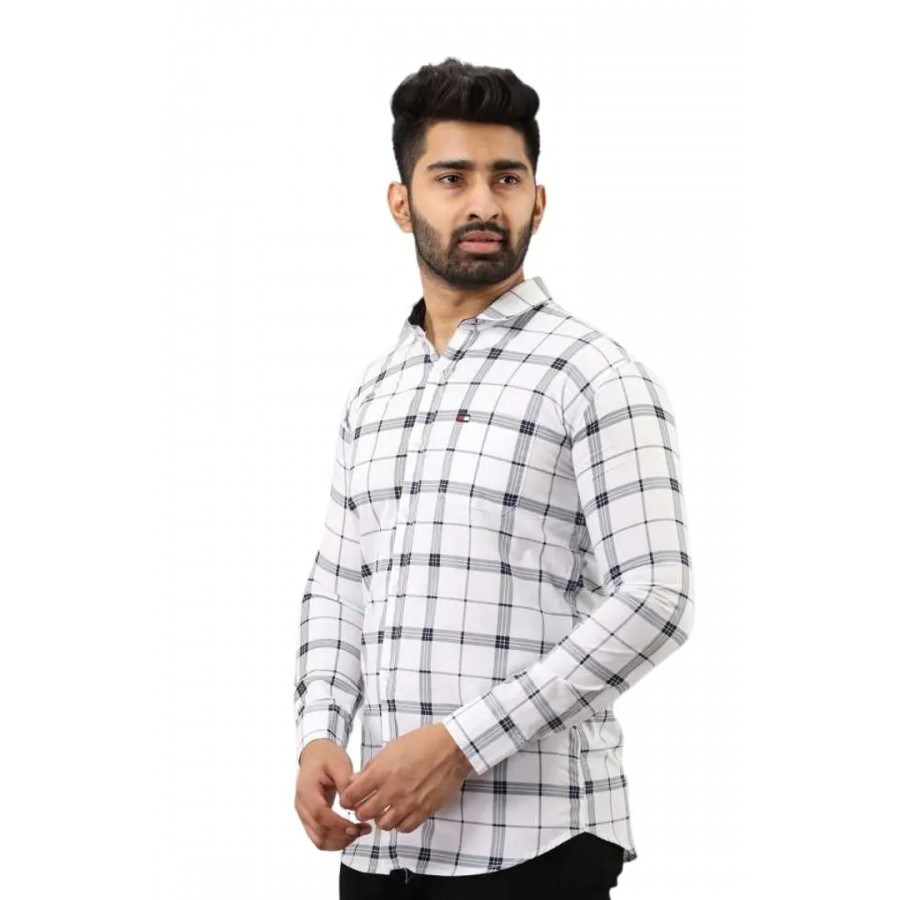 Silver Buck Men's Checkered Poly Cotton Fullsleeve Classic Collar Casual Shirt (White)