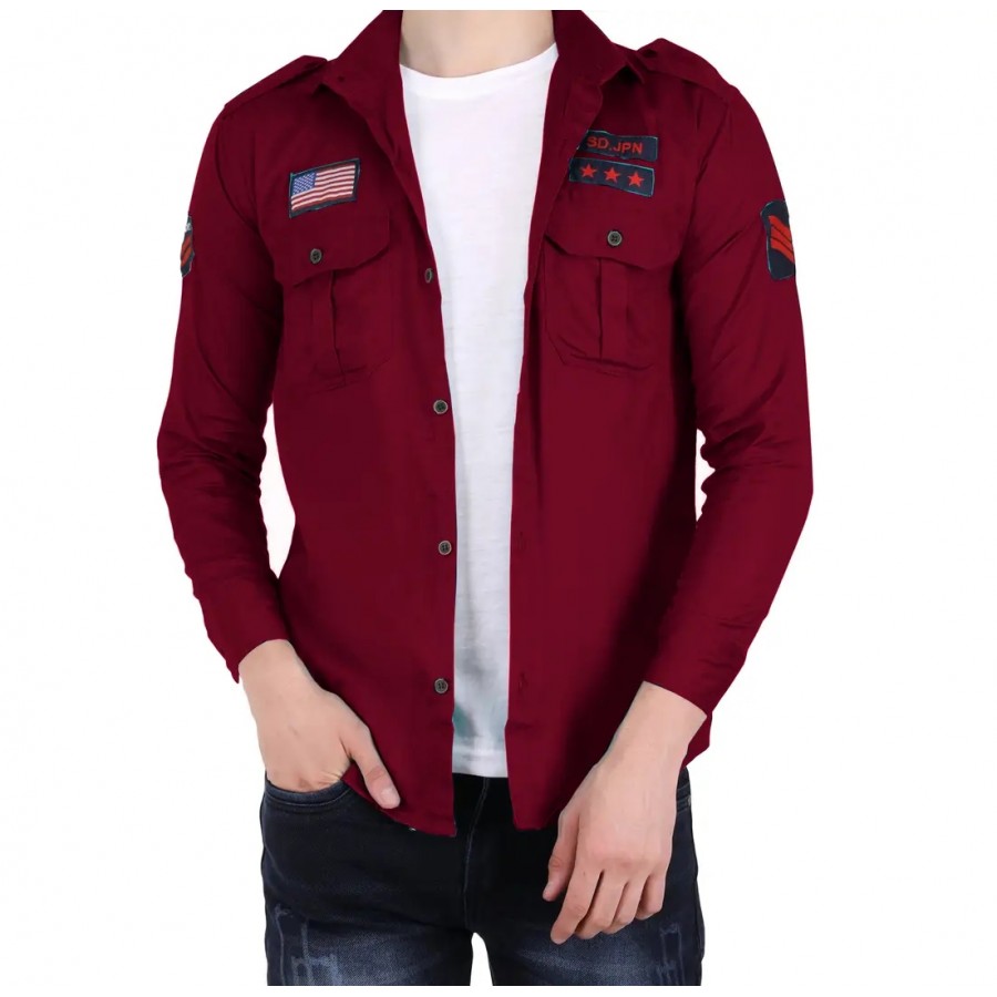 Strikey Maroon Double Pocket Patch Shirt