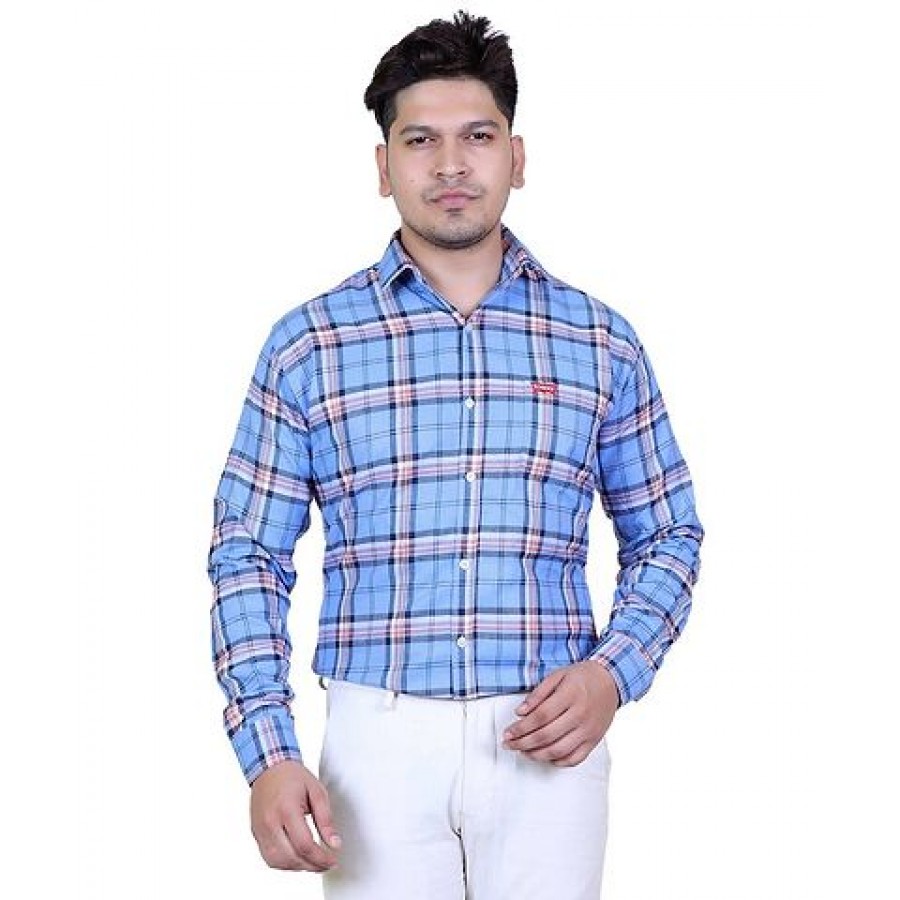 Stylish Cotton Blue Checked Long Sleeves Casual Shirt For Men