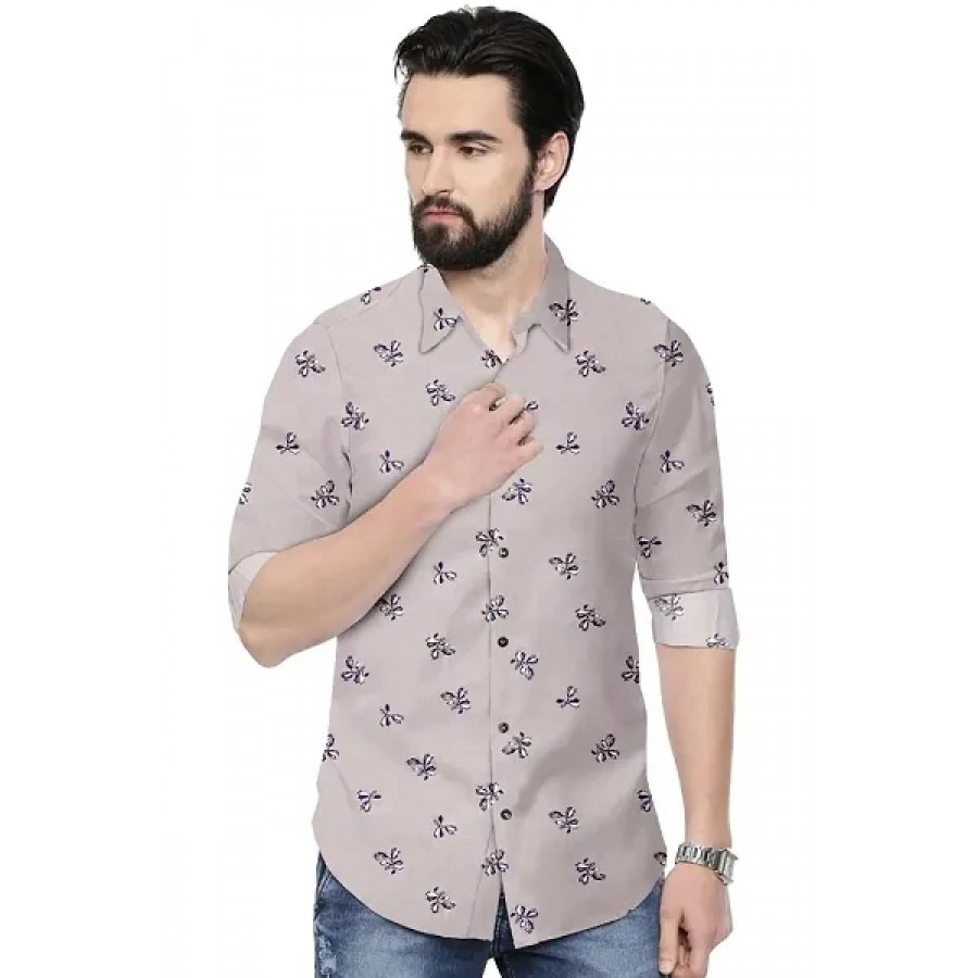 Stylish Grey Printed Cotton Casual Shirt For Men