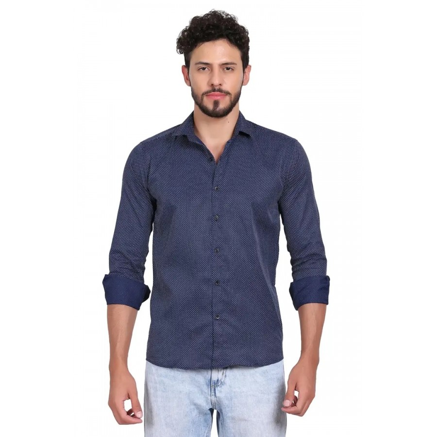 Stylish Navy Blue Polyester Long Sleeves Shirt For Men