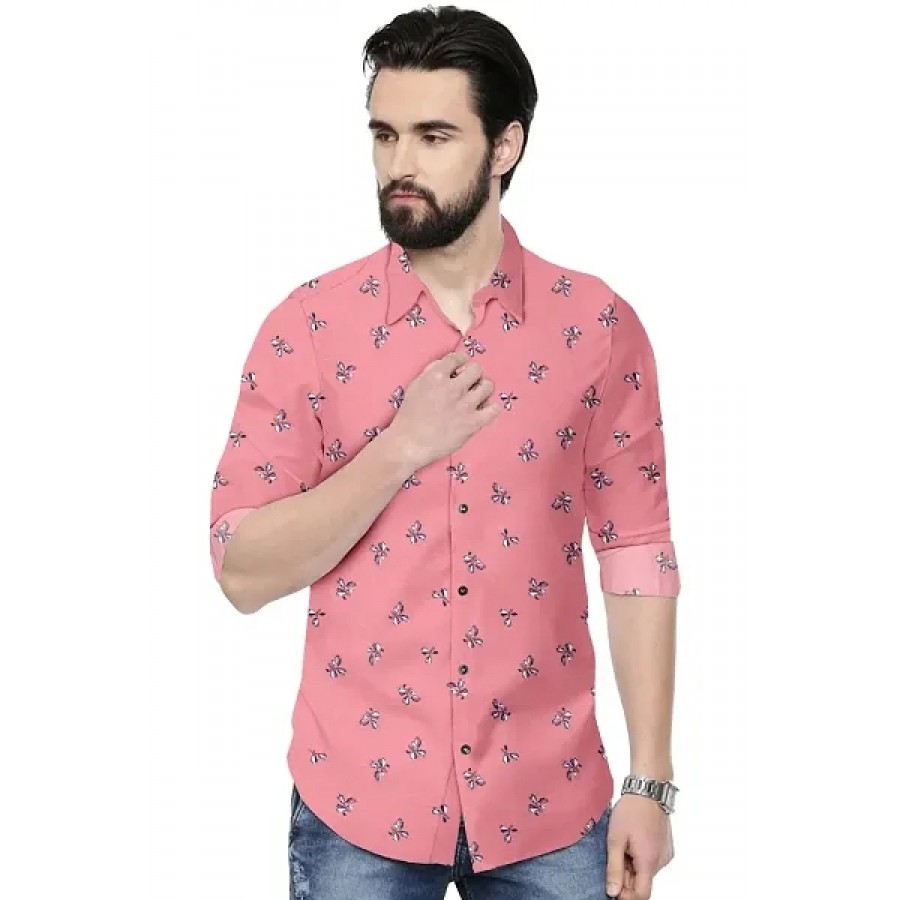 Stylish Peach Printed Cotton Casual Shirt For Men