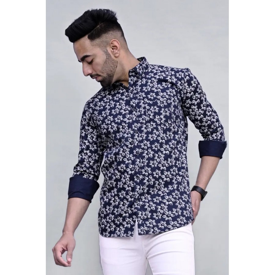 Stylish Blue Cotton Printed Casual Shirts For Men