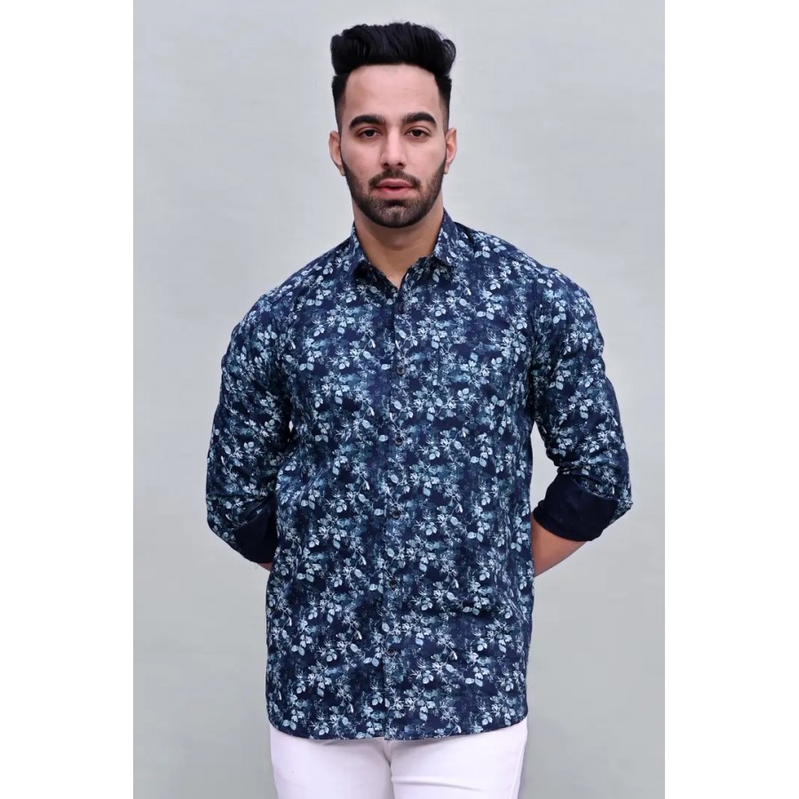 Stylish Blue Cotton Printed Casual Shirts For Men