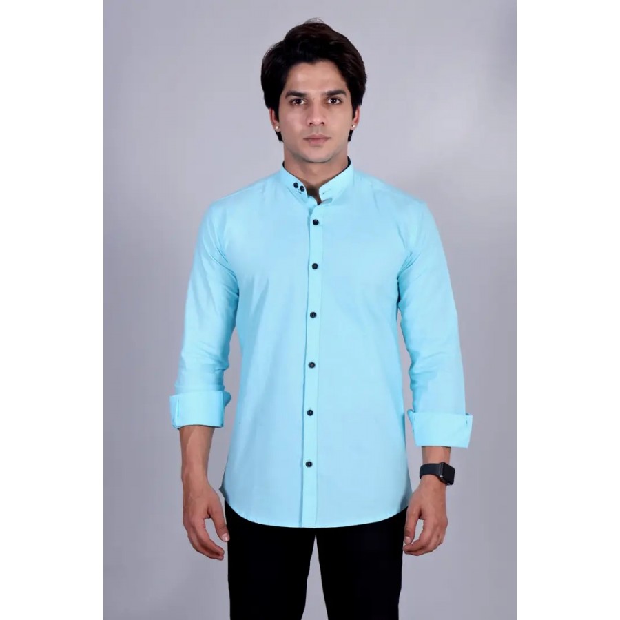 Stylish Blue Cotton Solid Casual Shirts For Men