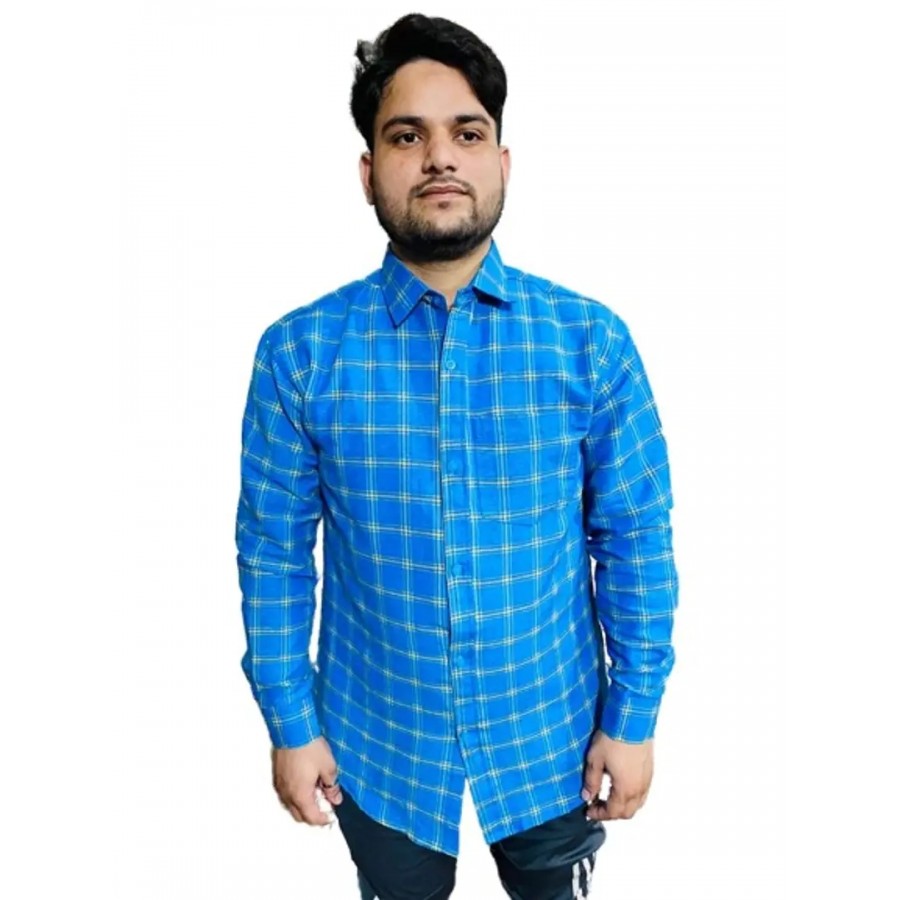 Stylish Blue Khadi Cotton Checked Regular Fit Long Sleeves Shirt For Men