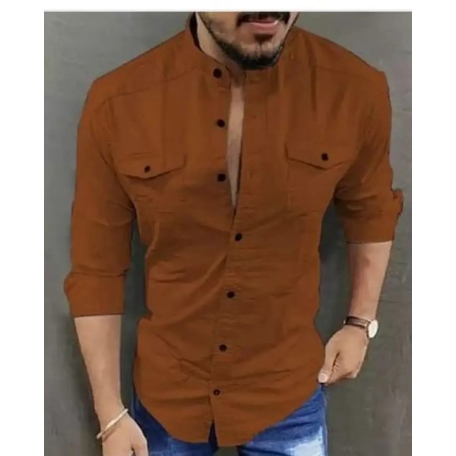 Stylish Brown Cotton Blend Solid Casual Shirt For Men