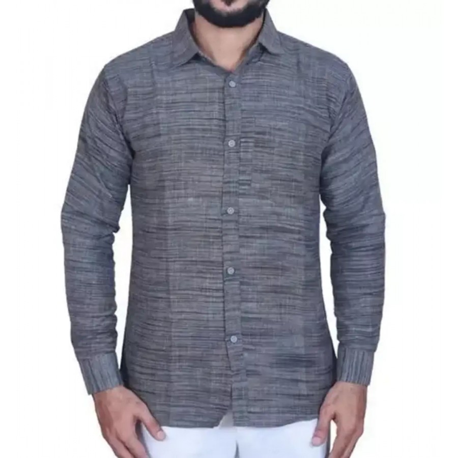 Stylish Grey Khadi Cotton Long Sleeves Self Pattern Regular Fit Shirt For Men