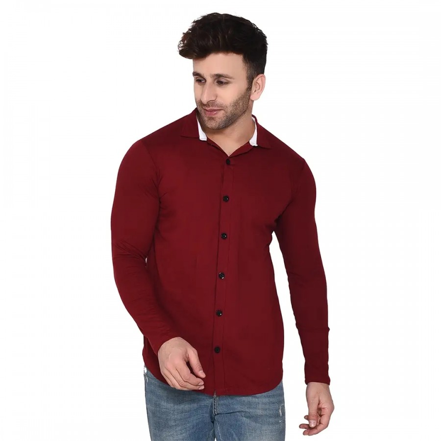 Stylish Maroon Cotton Blend Long Sleeves Regular Fit Casual Shirt For Men