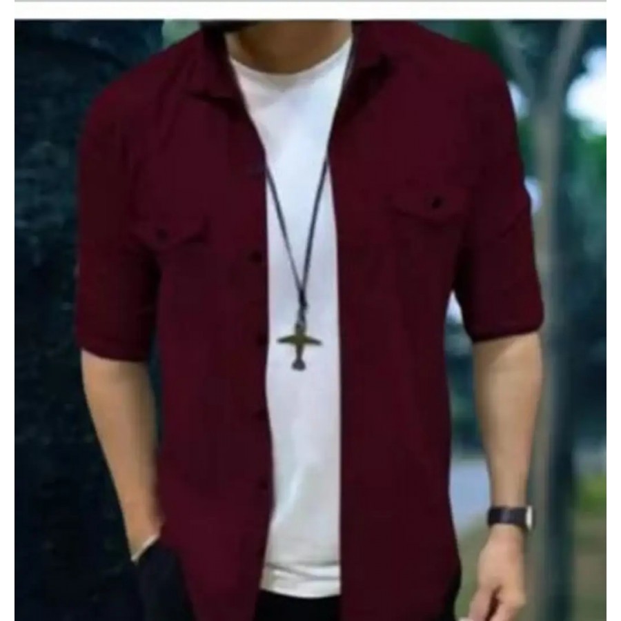 Stylish Maroon Cotton Blend Solid Casual Shirt For Men