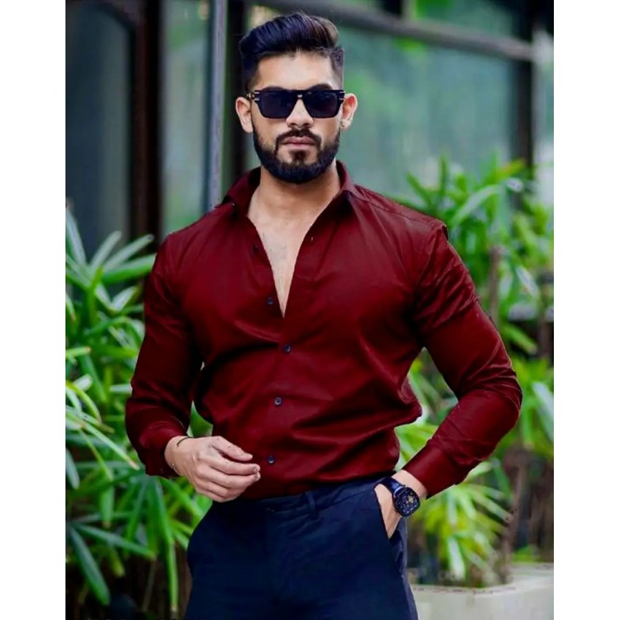 Stylish Maroon Solid Long Sleeves Shirt For Men