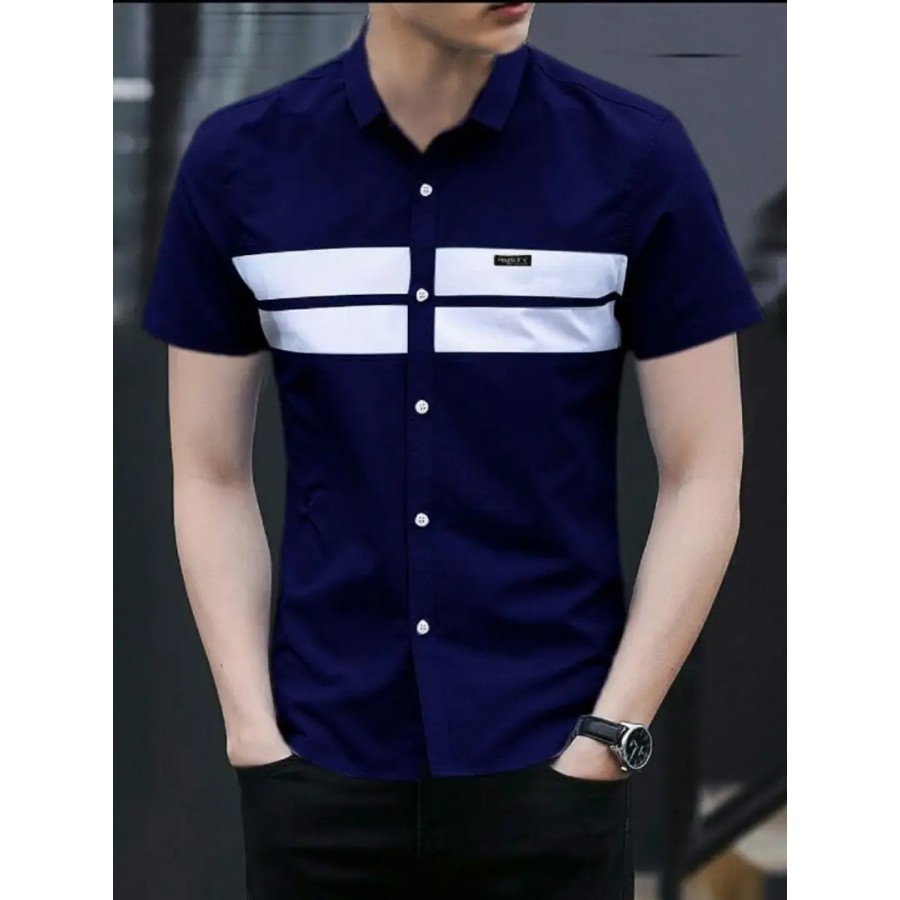 Stylish Navy Blue Cotton Colourblocked Casual Shirts for Men