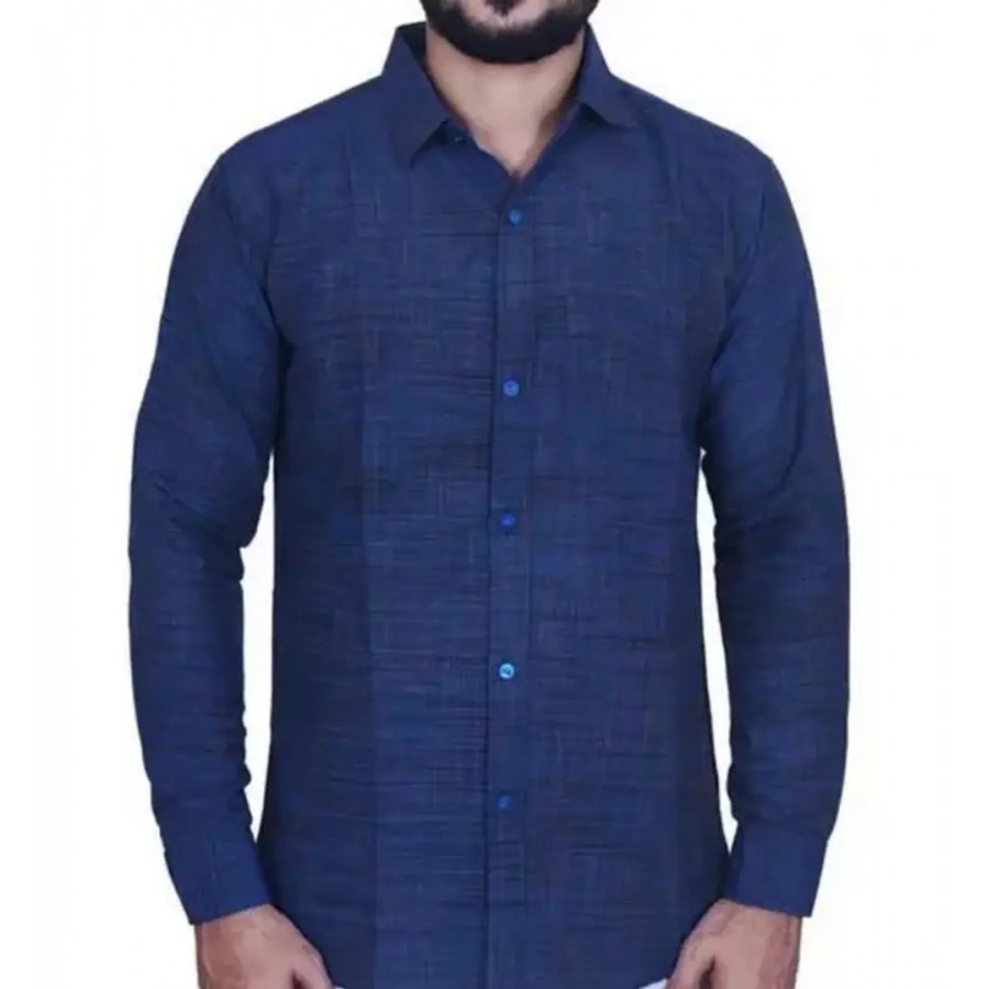 Stylish Navy Blue Khadi Cotton Long Sleeves Self Pattern Regular Fit Shirt For Men