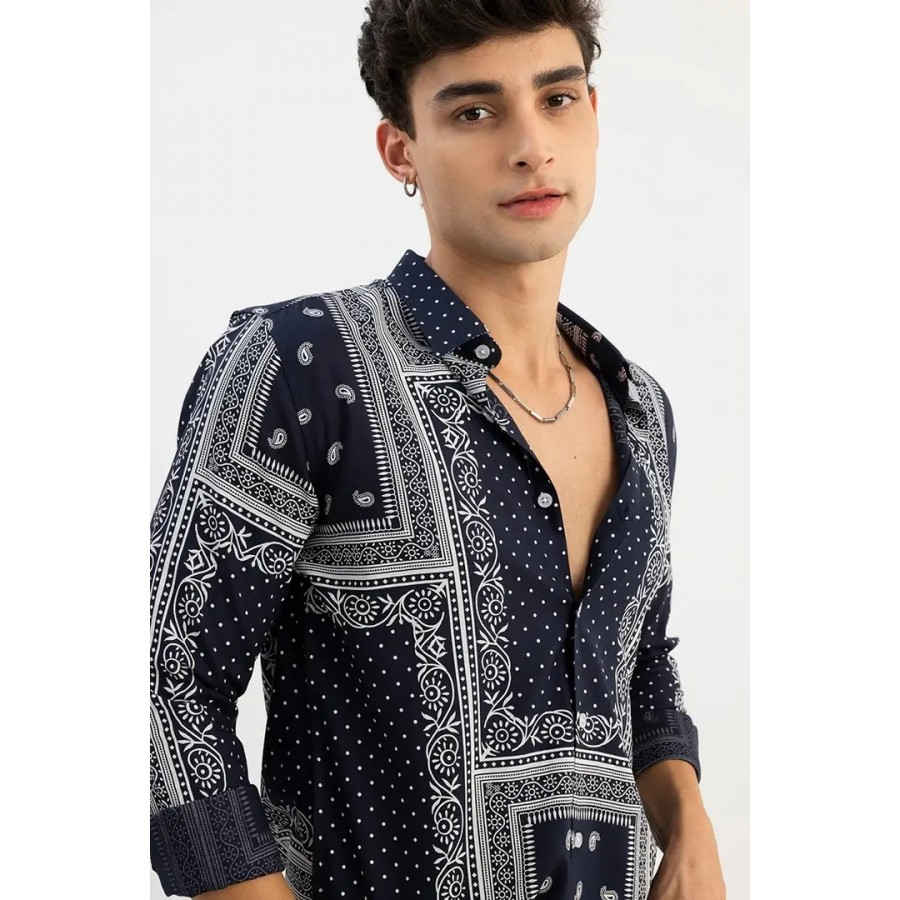 Stylish Navy Blue Printed Long Sleeves Shirt For Men