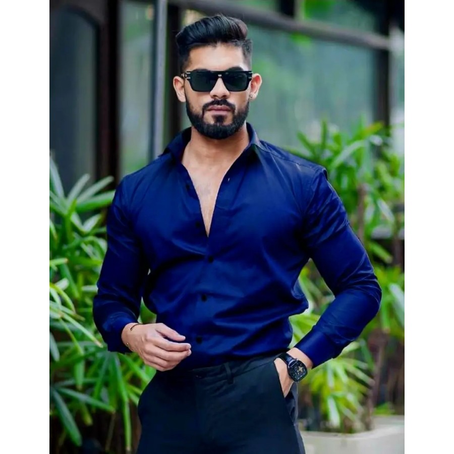 Stylish Navy Blue Solid Long Sleeves Shirt For Men