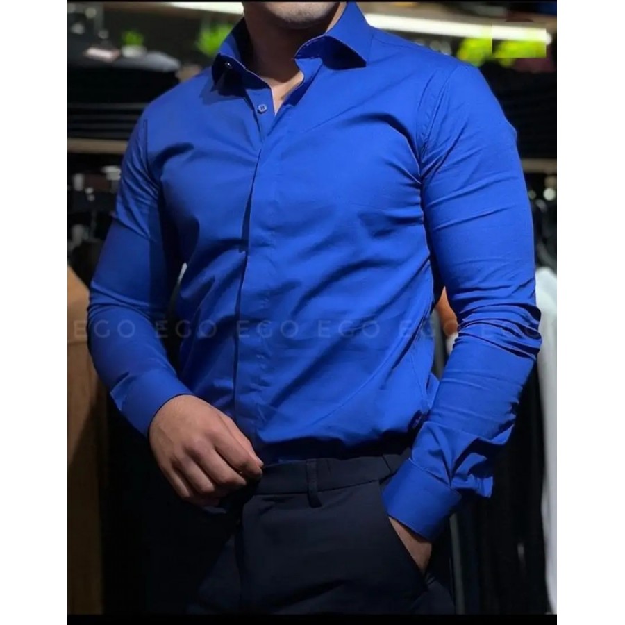 Stylish Navy Blue Solid Long Sleeves Shirt For Men