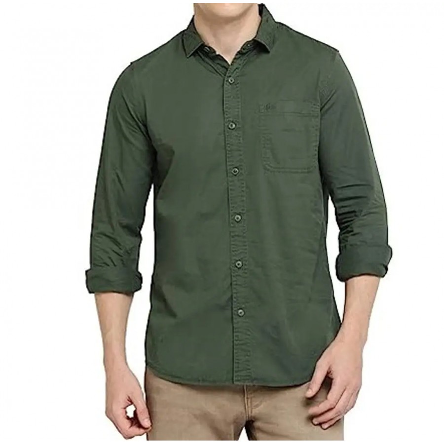 Stylish Olive Cotton Regular Fit Solid Casual Shirt For Men