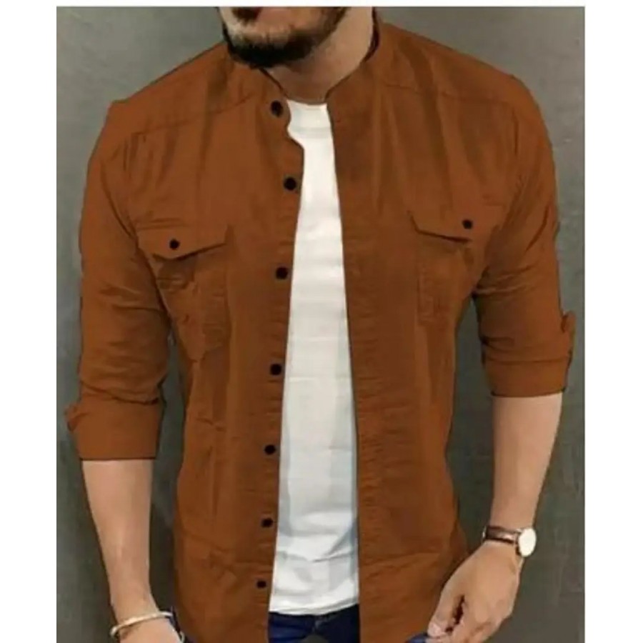 Stylish Orange Cotton Blend Solid Casual Shirt For Men