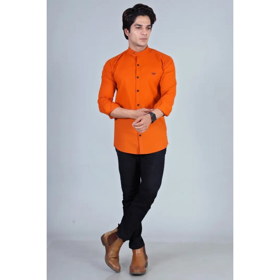 Stylish Orange Cotton Solid Casual Shirts For Men