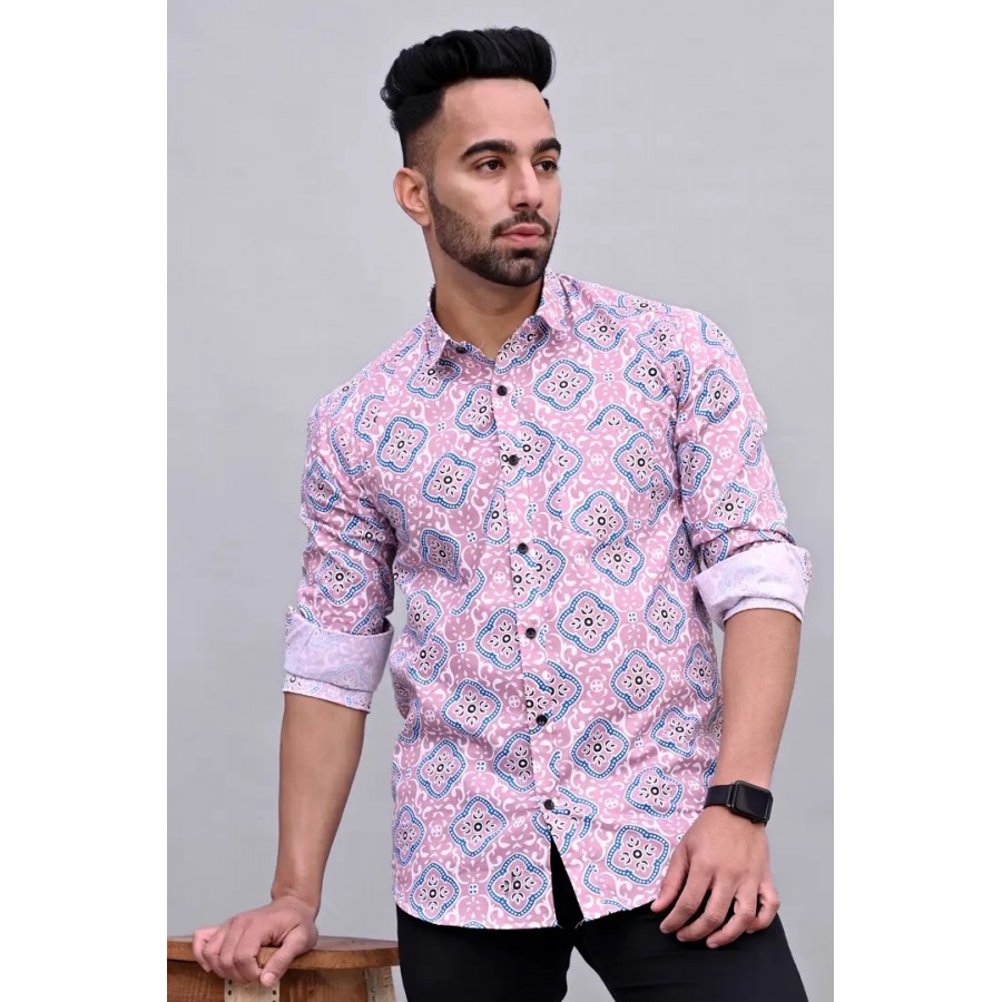 Stylish Pink Cotton Printed Casual Shirts For Men