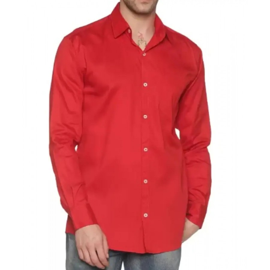 Stylish Red Cotton Regular Fit Solid Casual Shirt For Men