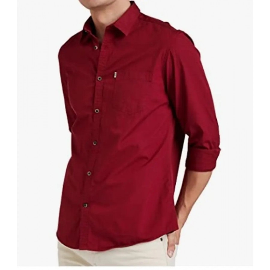 Stylish Red Cotton Regular Fit Solid Casual Shirt For Men