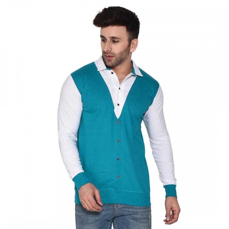 Stylish Turquoise Cotton Blend Long Sleeves Regular Fit Casual Shirt For Men