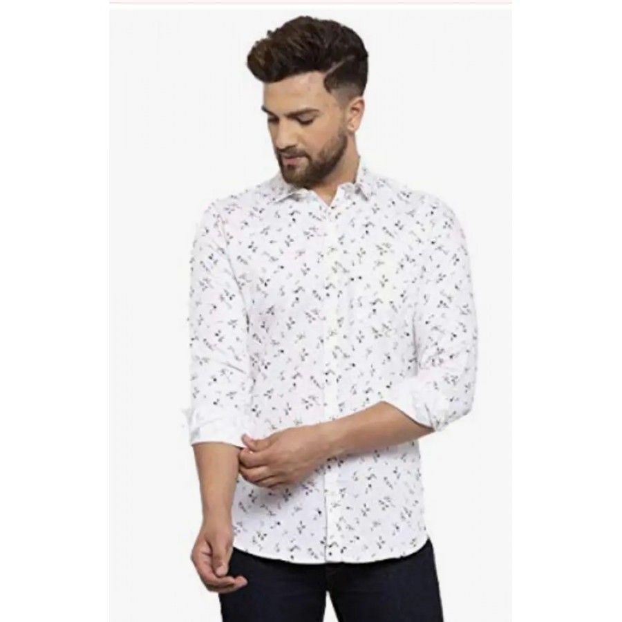 Stylish White Cotton Printed Casual Shirt For Men