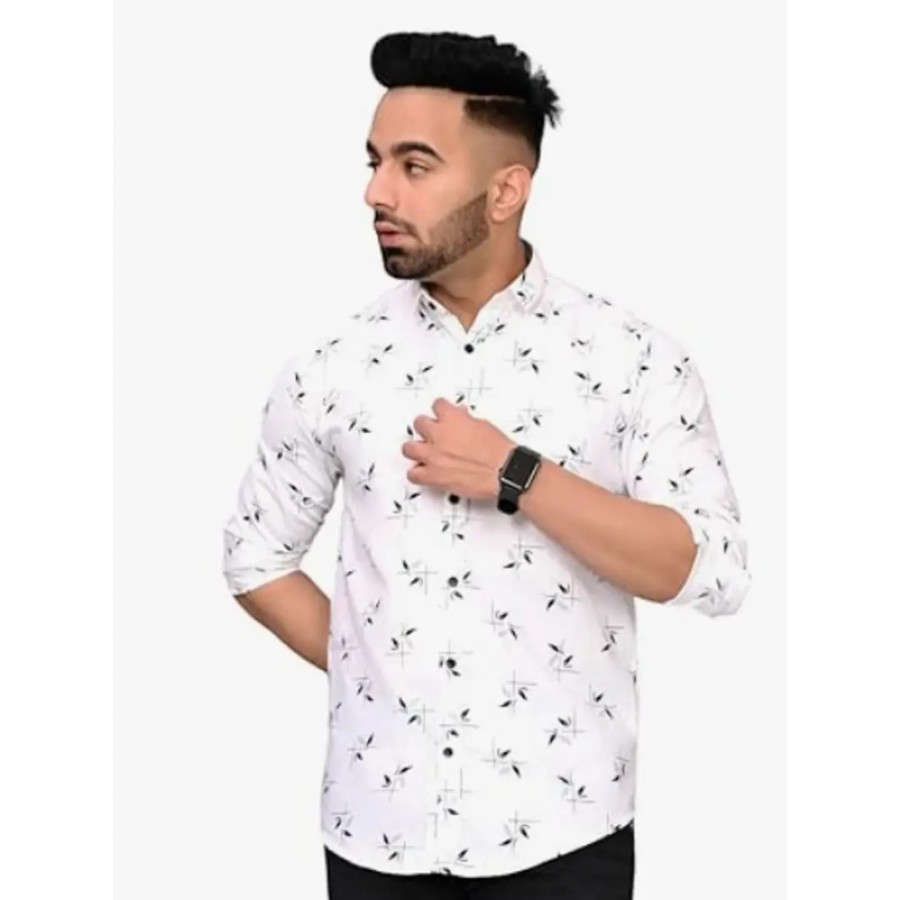 Stylish White Cotton Printed Casual Shirt For Men