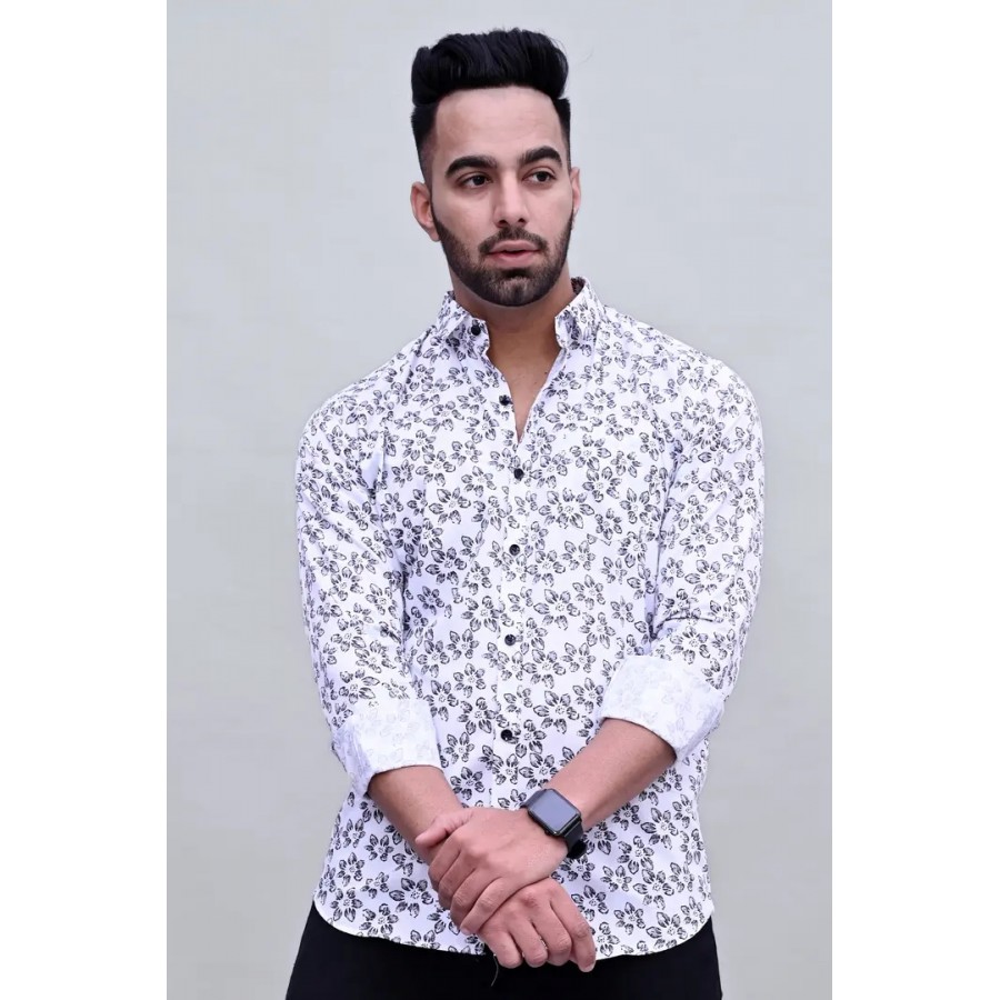 Stylish White Cotton Printed Casual Shirts For Men