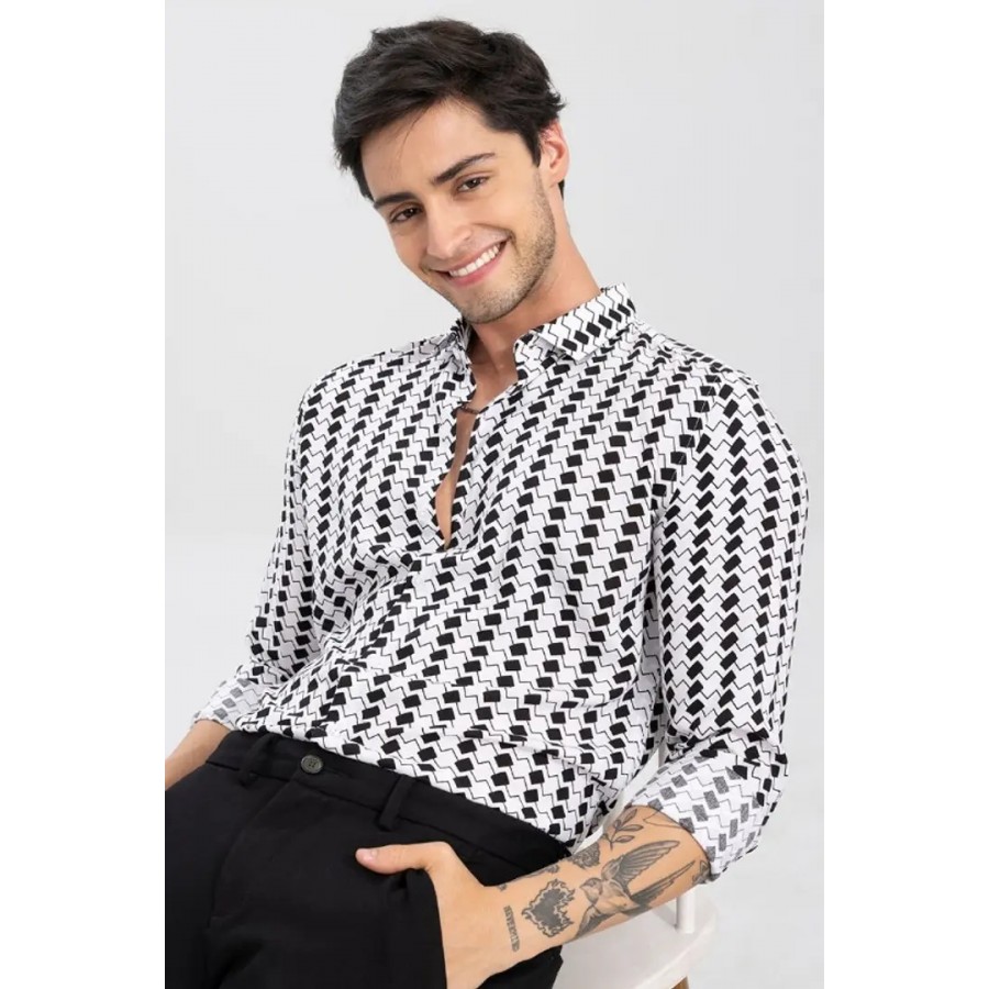 Stylish White Cotton Spandex Casual Shirt For Men