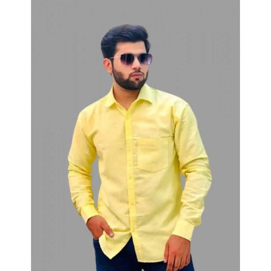 Stylish Yellow Khadi Cotton Solid Regular Fit Long Sleeves Shirt For Men