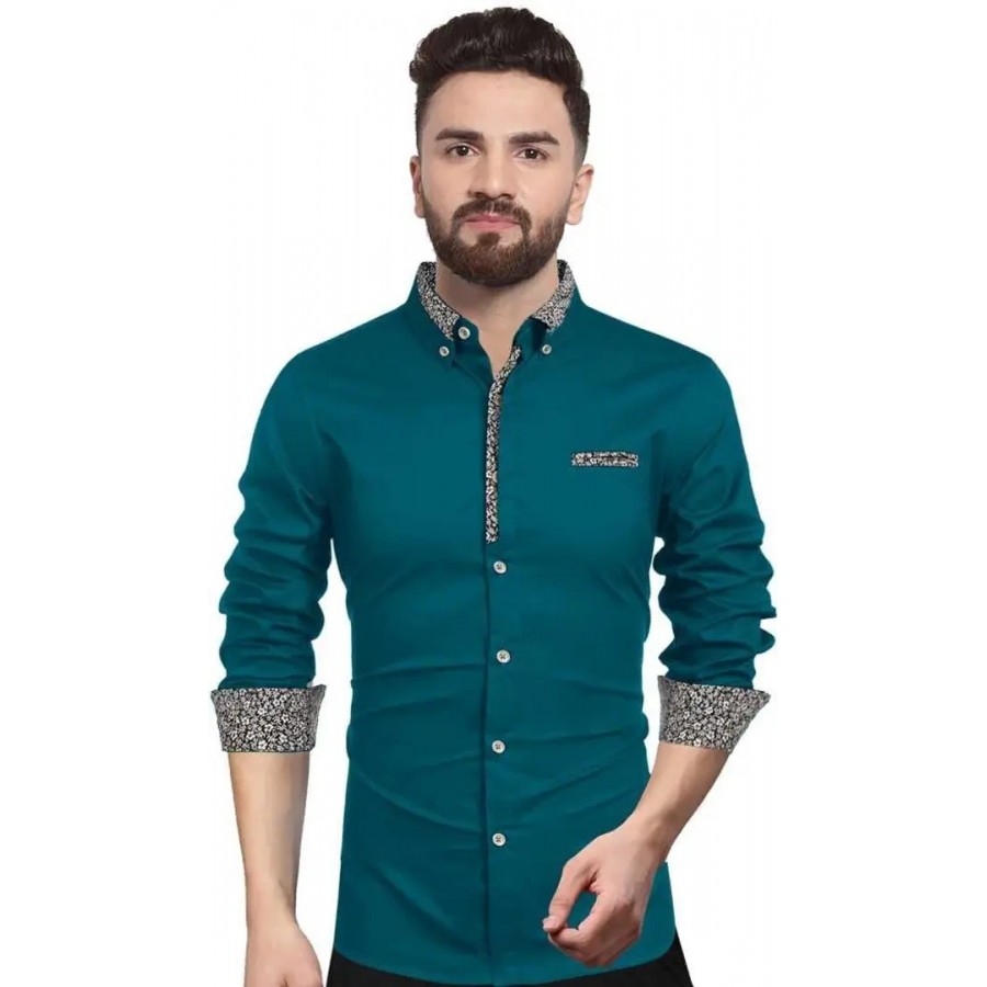 Teal Cotton Casual Casual Shirts For Men