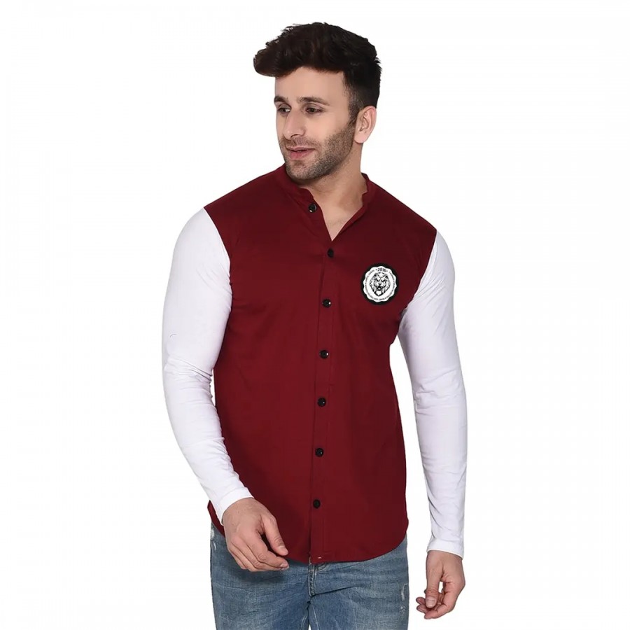 Tfurnish Maroon Cotton Blend Solid Long Sleeves Casual Shirts For Men