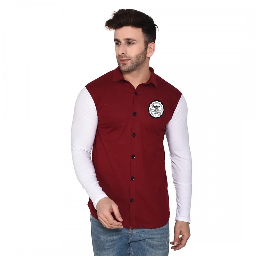 Tfurnish Maroon Cotton Blend Solid Long Sleeves Casual Shirts For Men