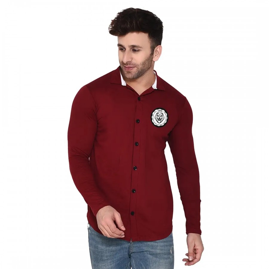 Tfurnish Maroon Cotton Blend Solid Long Sleeves Casual Shirts For Men