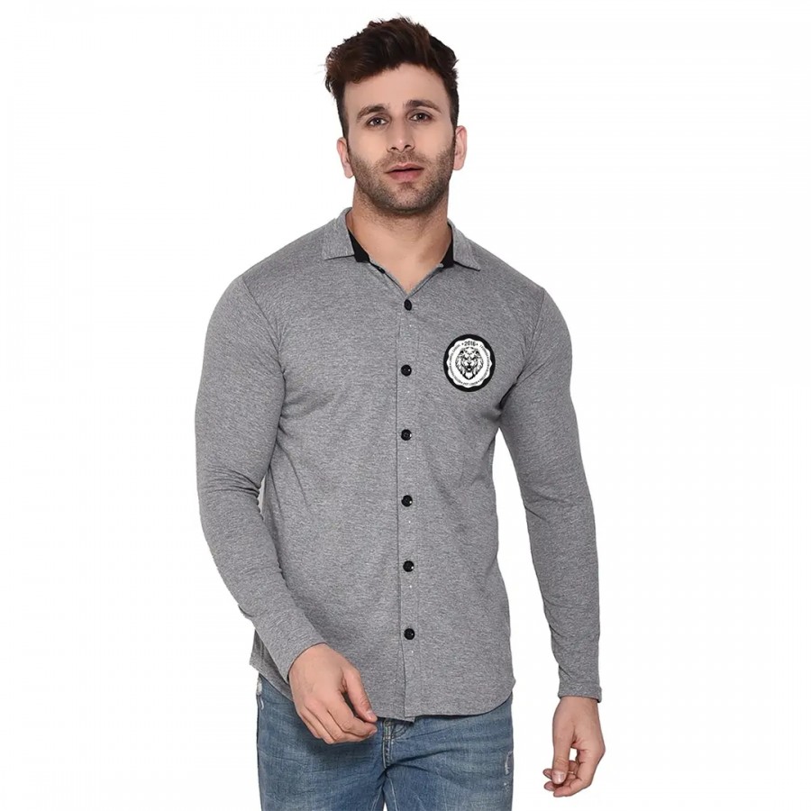 Tfurnish Silver Cotton Blend Solid Long Sleeves Casual Shirts For Men