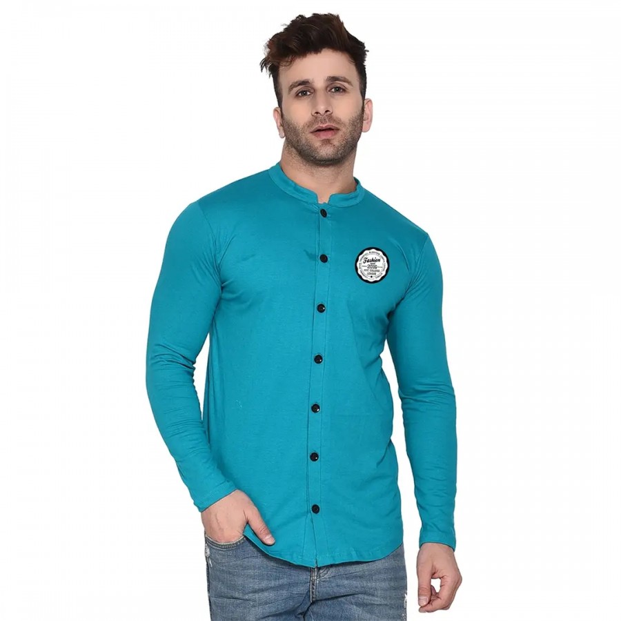 Tfurnish Turquoise Cotton Blend Solid Long Sleeves Casual Shirts For Men