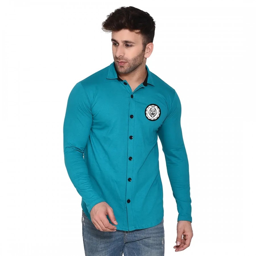 Tfurnish Turquoise Cotton Blend Solid Long Sleeves Casual Shirts For Men