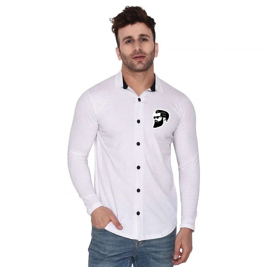 Tfurnish White Cotton Blend Solid Long Sleeves Casual Shirts For Men