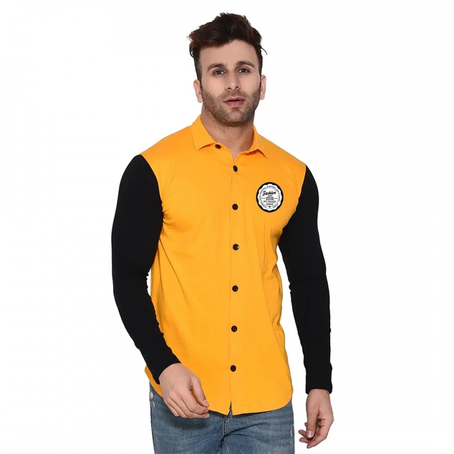 Tfurnish Yellow Cotton Blend Solid Long Sleeves Casual Shirts For Men