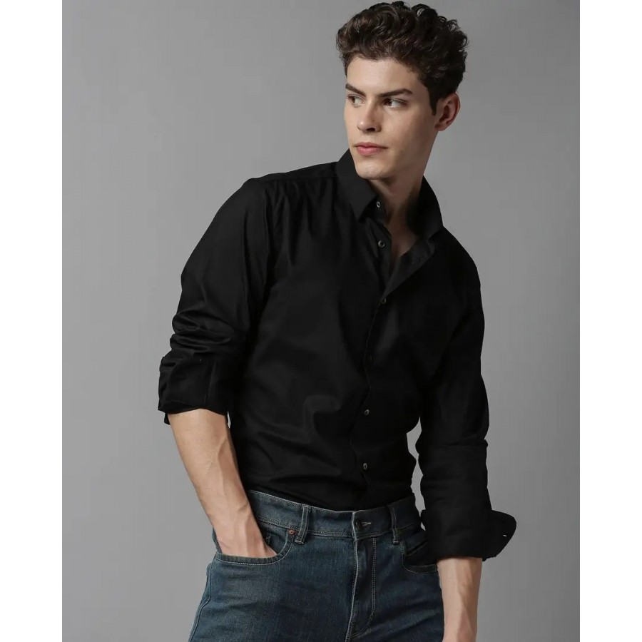 Trendy Black Cotton Long Sleeves Solid Casual Shirt For Men