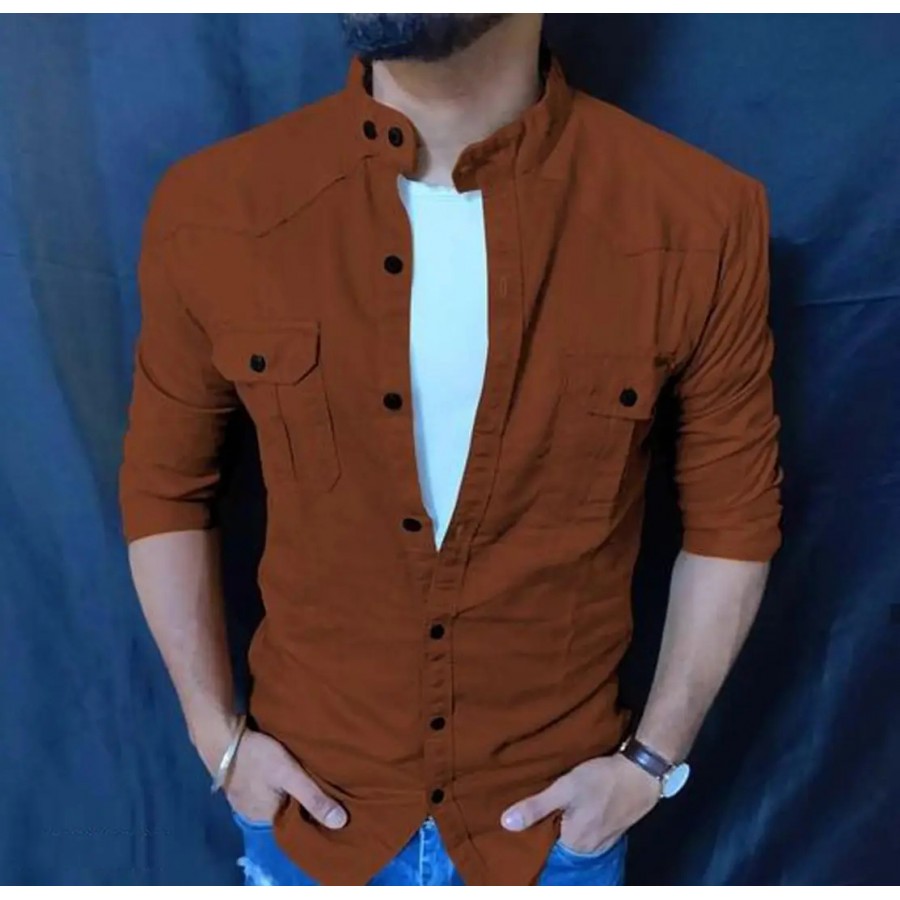 Trendy Brown Cotton Long Sleeves Solid Casual Shirt For Men