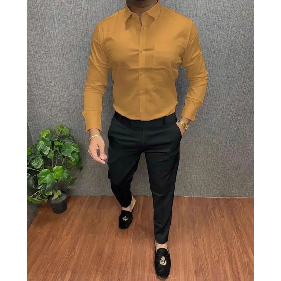 Trendy Beige Cotton Long Sleeves Solid Regular Fit Casual Shirt For Men